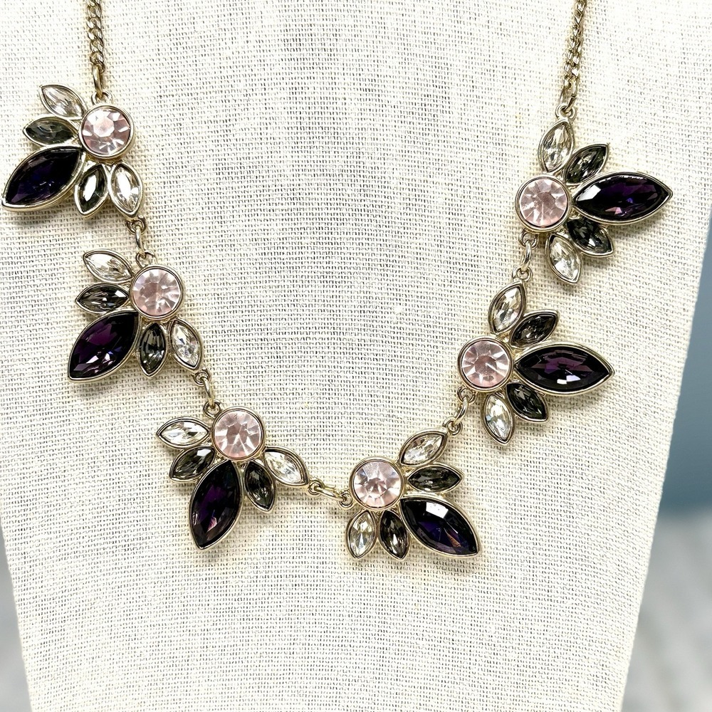 Vintage Style Silver Tone Pink Purple Floral Rhinestone Bib Necklace Statement